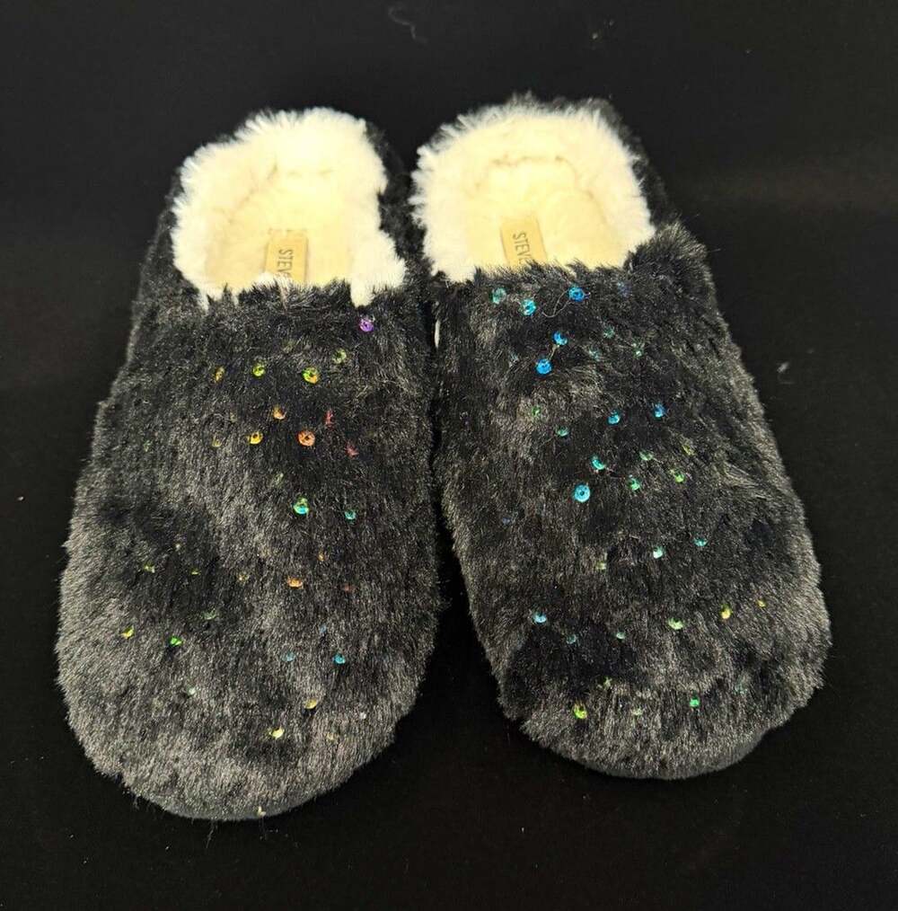 Steve Madden Women’s Black Faux Fur Sequin Slip-On Closed Toe Slippers US 9